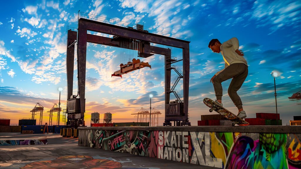 a skateboarder performing a trick on the city park of a urban map